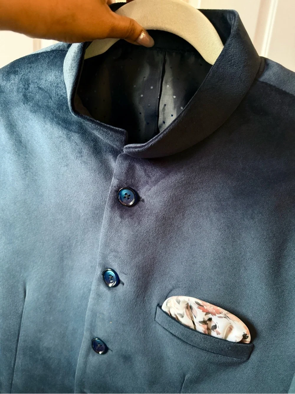Navy Velvet Mandarin-Collar Blazer with Pocket Square